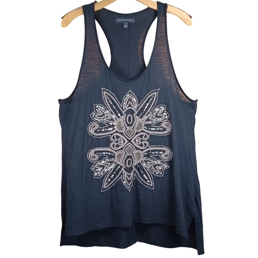 Rock & Republic Sz Large Black Sequin Beaded Racerback Tank Top Embellished Y2K - Picture 2 of 9